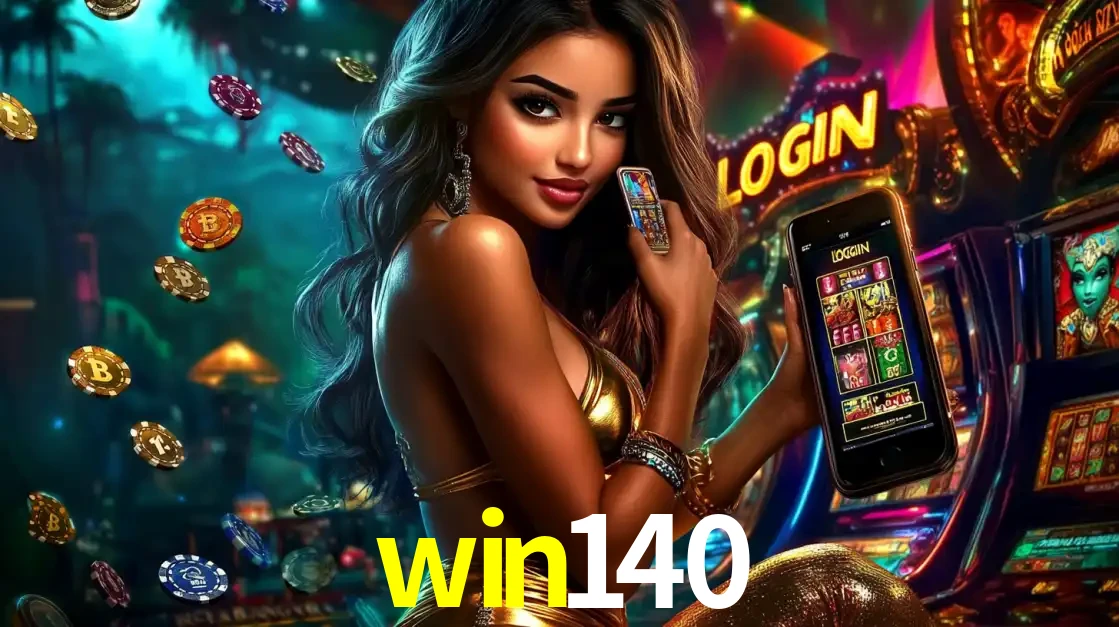 Mulher em um cenário de cassino temático de aventura, mostrando o app de caça-níqueis da win140 no celular. Fichas de apostas flutuam ao redor.