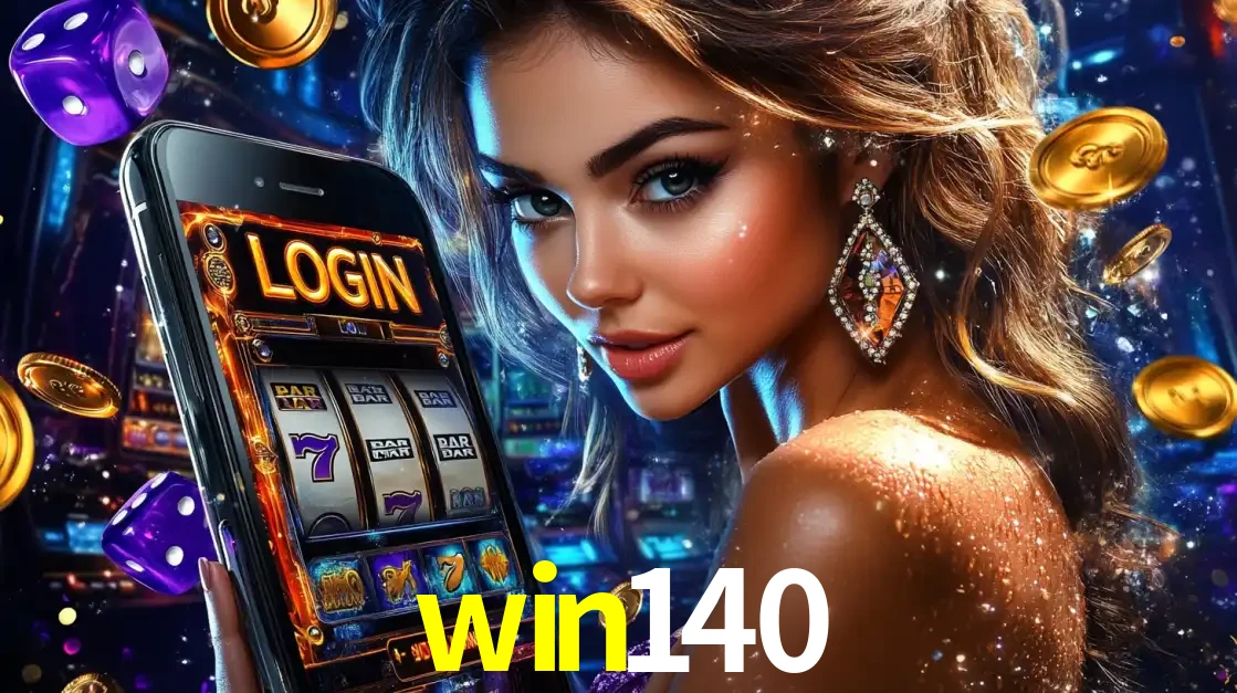 Mulher glamorosa segurando um smartphone com a tela de login para os jogos de caça-níqueis do cassino online win140, com moedas de ouro e dados ao redor.