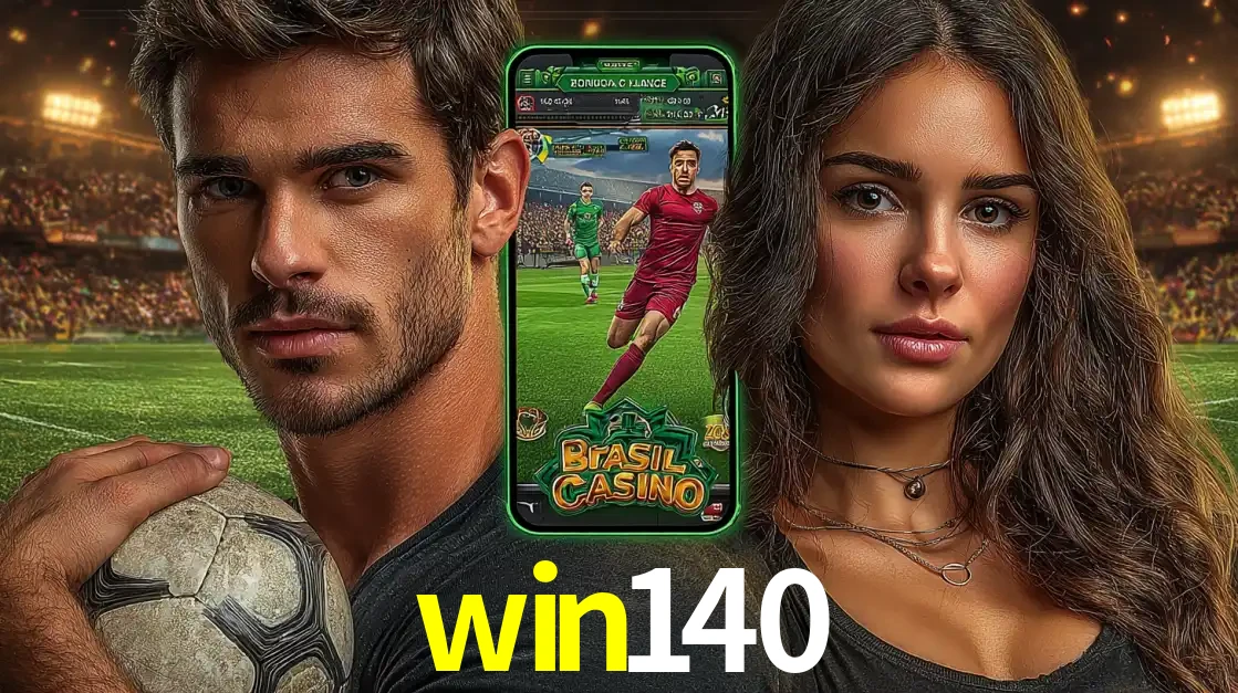 Homem segurando uma bola de futebol e uma mulher ao lado de um smartphone exibindo o jogo de apostas esportivas da win140. Faça seu palpite no cassino online.